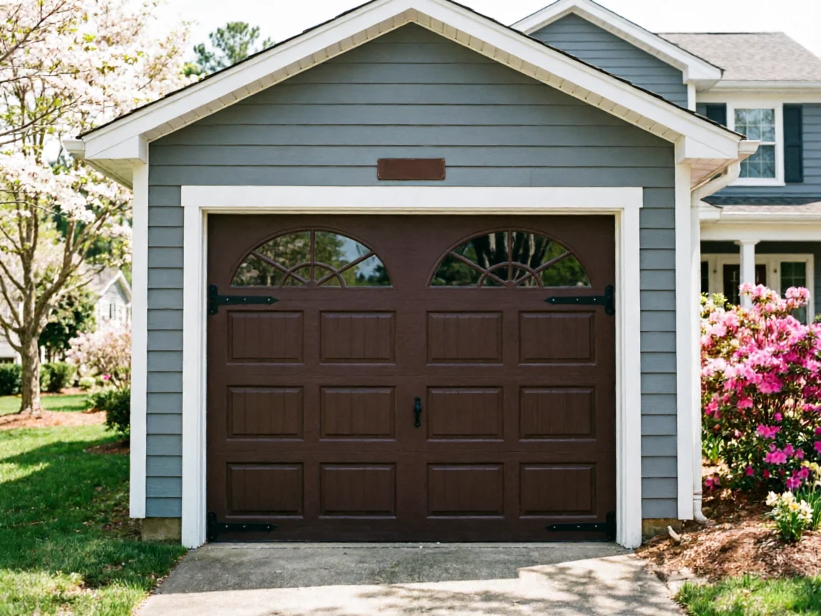 A brown garage door with arched windows is on a gray house.