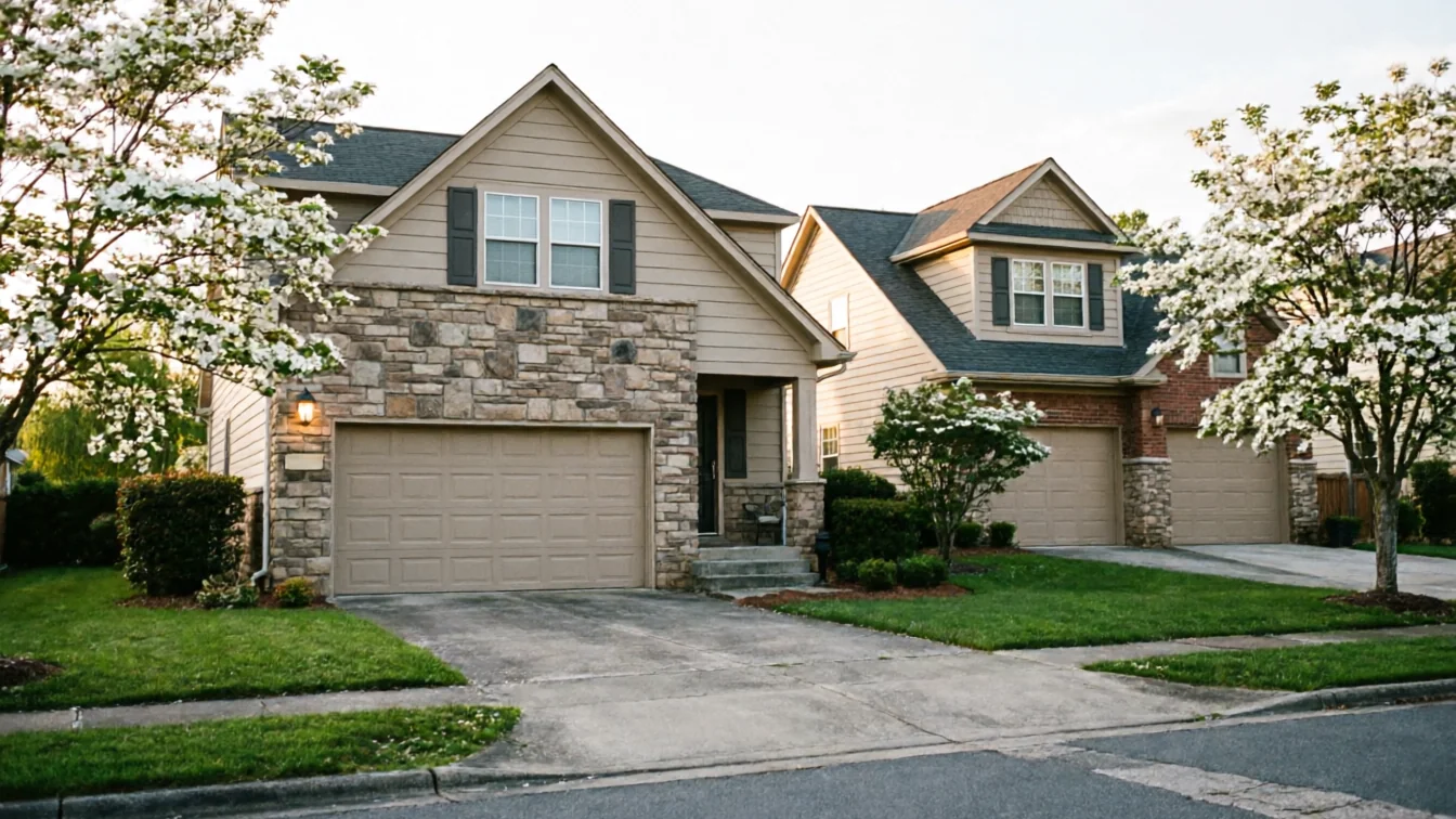 Two houses with tan garage doors and stone accents are visible from the street.