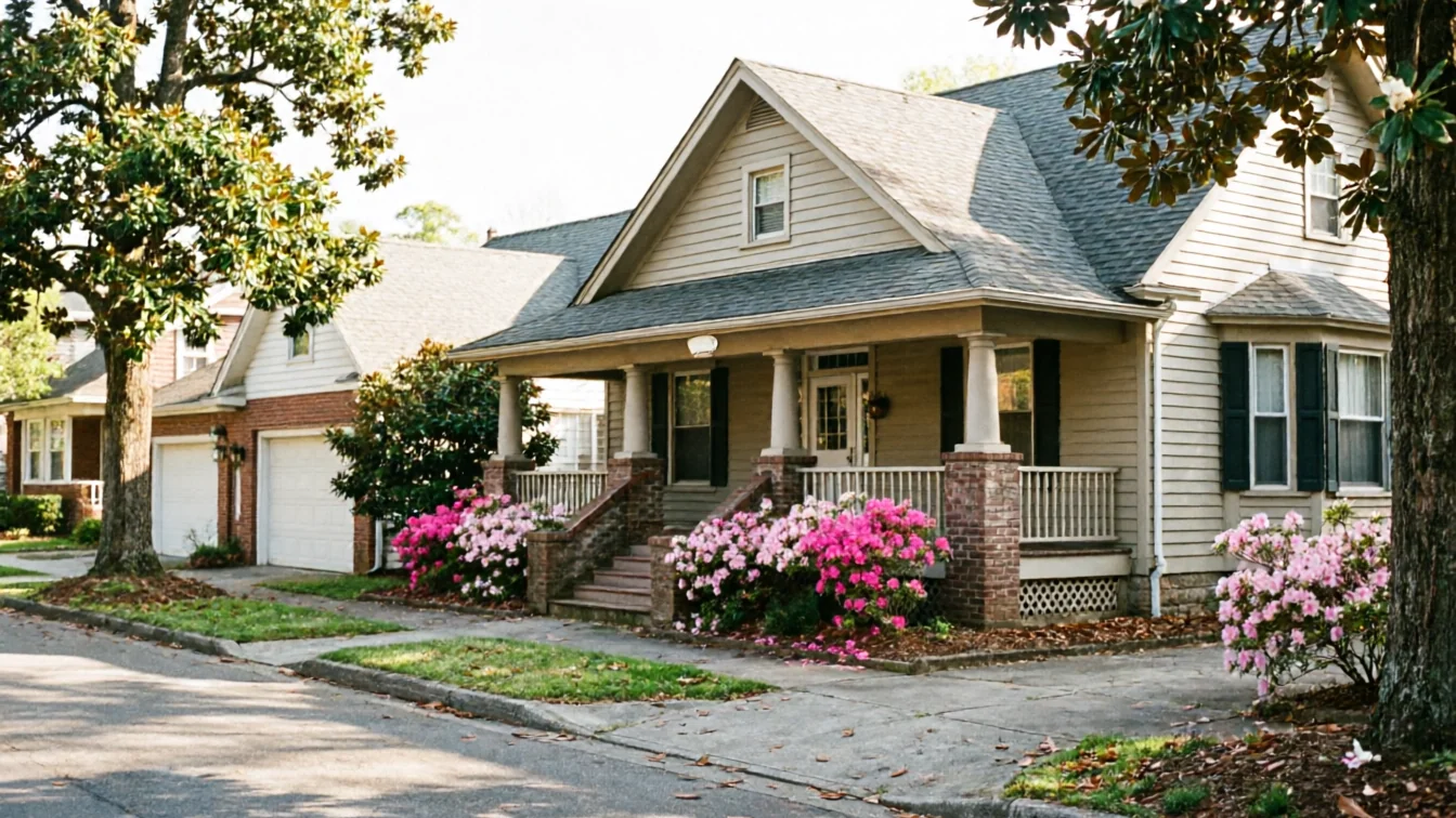 A beige house with a porch and a two-car garage is visible from the street.