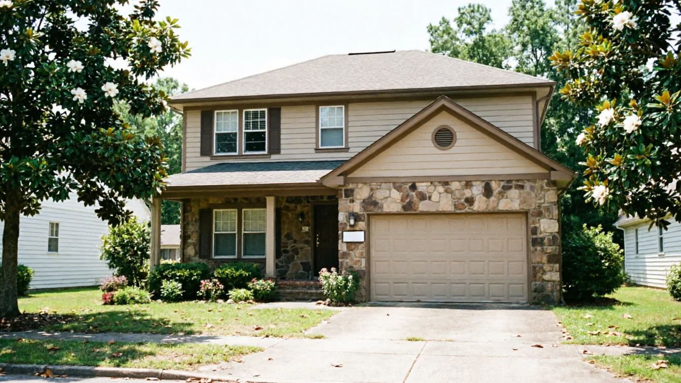 A two-story house with a beige garage door and stone facade.