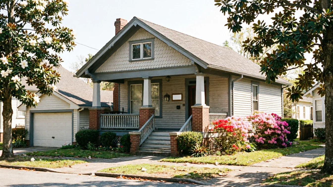 The house has a white garage door, a front porch, and blooming bushes.