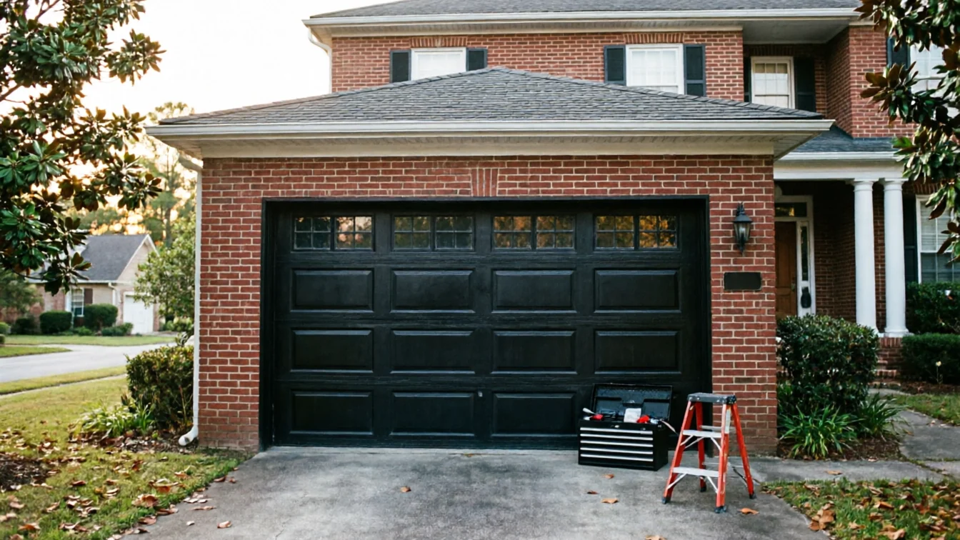 A black garage door with windows, a toolbox, and a ladder in front of a brick house.