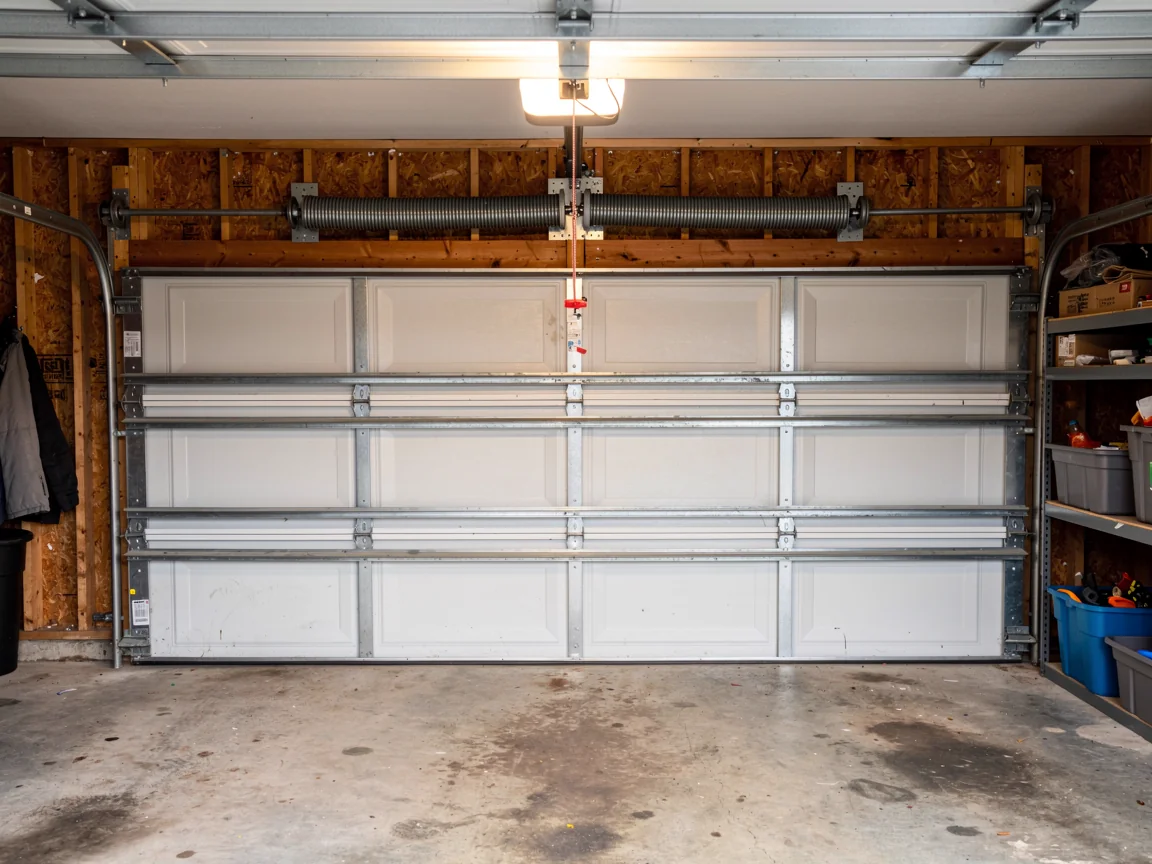 The white garage door is closed, showing the torsion spring and opener above.