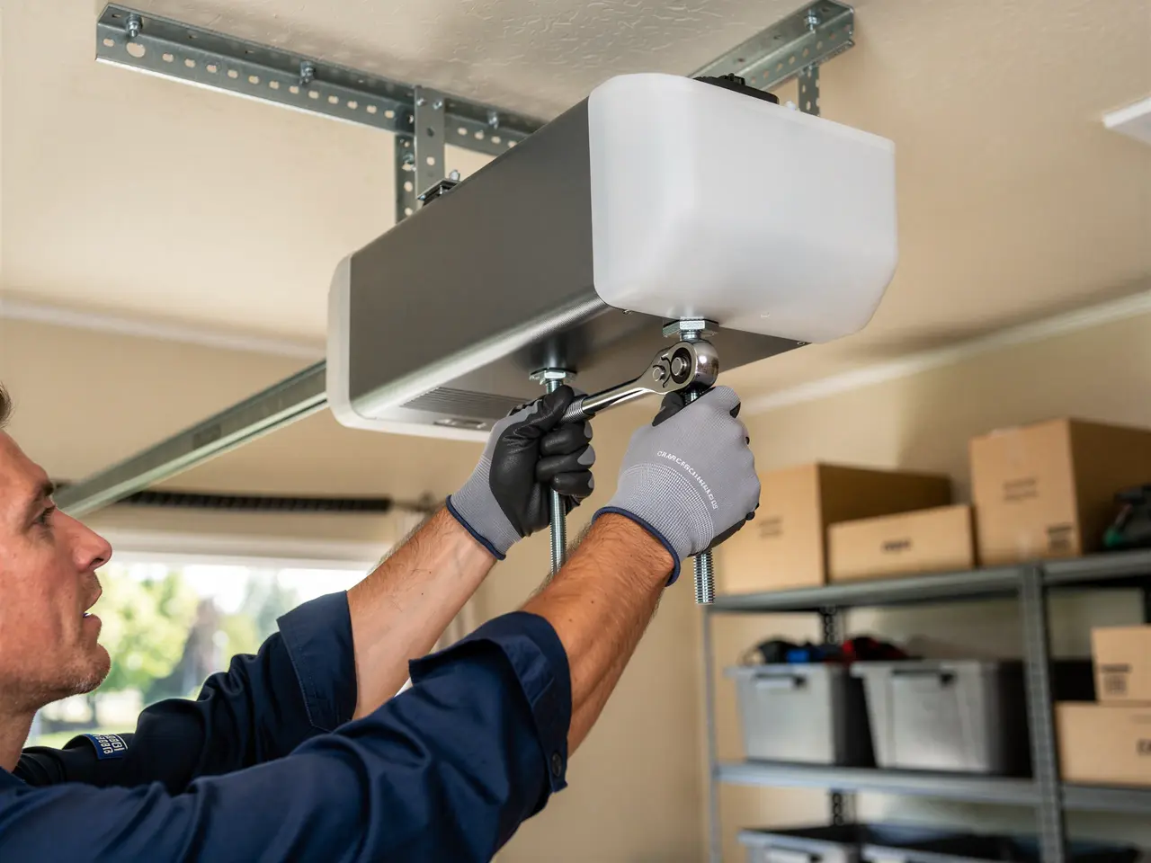 A technician in gloves uses a wrench to install a garage door opener.