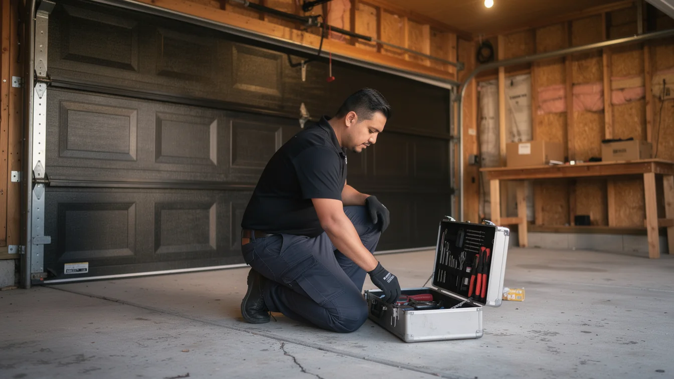 A technician kneels on a concrete garage floor, looking into an open toolbox.